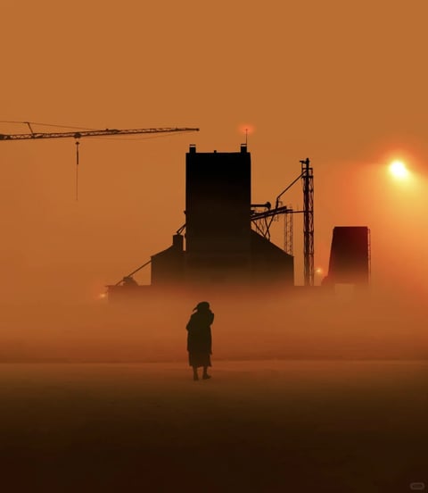 This image is a photorealistic, cinematic photograph with a strong painterly quality, defined by a dense, atmospheric haze that softens all edges and creates a layered, ethereal depth. The color language is monochromatic, dominated by a saturated, warm amber-orange palette that permeates the entire scene, with the sun appearing as a bright, diffused highlight. The lighting is soft and directional, originating from the low sun on the right, casting long, diffused shadows and creating a silhouette effect on the central figure and the industrial structures. Texture and material feel are implied through silhouette and atmospheric diffusion rather than surface detail; the ground appears smooth and featureless, while the industrial structures have a solid, blocky, and metallic impression. Compositionally, the image uses a strong vertical emphasis with the tall central building, balanced by the horizontal crane, and places a solitary human figure in the lower center foreground to establish scale and depth against the looming background. Shape language contrasts the organic, rounded silhouette of the person with the rigid, geometric, angular forms of the industrial architecture and crane. The mood and atmosphere are profoundly solitary, mysterious, and contemplative, with a heavy, still energy conveyed through the fog, the lone figure, and the overwhelming, warm monochromatic wash.