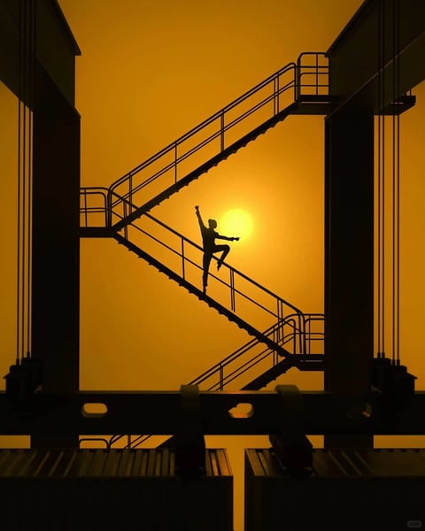 The image presents a high-contrast, silhouette-based visual style with a strong graphic quality, rendered in a flat, illustrative aesthetic that emphasizes bold shapes and negative space. The color language is dominated by a monochromatic, warm amber and deep orange palette, with the sun serving as a bright, saturated focal point against a gradient sky that transitions from intense orange to a softer golden hue, creating a striking contrast with the pure black silhouettes. The lighting approach is entirely backlit, with the low, setting sun casting hard, defined shadows and creating a dramatic, high-contrast scene where the subject and architectural elements are rendered as solid black forms against the luminous background. Texture and material feel are minimal and abstracted; surfaces appear smooth and graphic, with the metal staircase and industrial structures conveyed through clean lines and sharp edges rather than detailed material rendering. Compositionally, the image uses strong geometric framing, with the vertical pillars and diagonal staircase creating a dynamic, angular structure that leads the eye toward the central figure and sun, employing a layered depth treatment where foreground elements frame the midground subject. Shape language is predominantly geometric and angular, with the staircase, railings, and structural beams defined by straight lines and sharp angles, contrasting with the organic, fluid pose of the human silhouette. The overall mood and atmosphere convey a sense of triumphant energy, freedom, and dramatic warmth, with the silhouette's dynamic pose against the setting sun evoking a feeling of exuberant, cinematic grandeur.