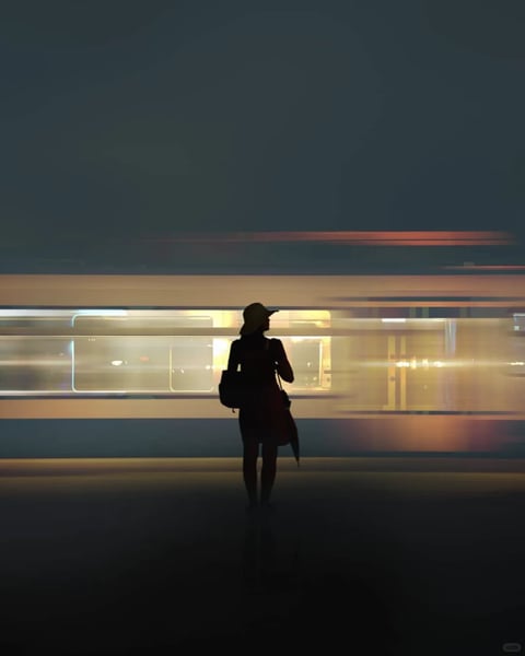 The image exhibits a photorealistic yet highly stylized long-exposure photographic aesthetic, characterized by a strong motion blur effect that renders the passing train as horizontal streaks of light and color against a static, silhouetted figure. The color language is dominated by a moody, low-key palette of deep teals and charcoals in the upper and lower thirds, contrasted by the warm, luminous streaks of the train's interior lights—primarily amber, gold, and soft white—with a subtle band of muted red along the top edge. Lighting is directional and atmospheric, emanating from the train's windows to create a soft, glowing backlight that outlines the figure's silhouette and casts long, diffused reflections on the wet platform surface, evoking a sense of transient, urban melancholy. The texture is smooth and blurred due to the motion technique, with the figure's silhouette appearing sharp but devoid of detail, while the train's light streaks have a painterly, blended quality. Compositionally, the image is framed with the static figure centered in the lower half, creating a focal point against the dynamic horizontal motion of the train, which fills the middle ground and establishes a clear separation between the dark, empty foreground and the dark, empty background. Shape language contrasts the organic, curved silhouette of the person with the rigid, geometric horizontal lines of the train's motion blur and the rectangular light patterns. The overall mood is contemplative and cinematic, conveying a feeling of solitude amidst urban movement, with a visual weight that balances the heavy darkness of the surroundings against the fleeting, energetic light of the passing train.