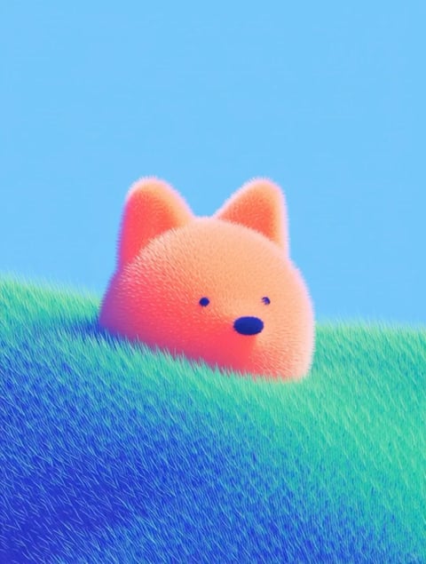 This image features a soft, 3D-rendered, stylized creature resembling a fox or dog, rendered with a fuzzy, tactile texture that gives it a plush, almost felt-like material quality. The creature is partially submerged in a similarly textured, grassy field that transitions from deep, cool blue in the foreground to a vibrant teal-green in the mid-ground. The overall visual aesthetic is illustrative and dreamlike, with a soft-focus, painterly rendering technique that emphasizes gentle gradients and smooth blending. The color language is defined by a vibrant, high-saturation palette with a strong temperature contrast: the creature is rendered in warm, peachy-orange tones with subtle pinkish-red shading on its face, set against a cool, clear, light-blue sky and the cool-toned grass. Lighting is soft and diffuse, appearing to come from the upper left, casting gentle, blurred shadows that enhance the rounded forms without creating harsh edges. Compositionally, the image uses a simple, centered framing with the creature's head peeking over the horizon line of the grass, creating a shallow depth of field where the foreground grass is slightly out of focus. The shape language is predominantly organic and rounded, with soft, blurred edges and no hard lines, contributing to a gentle, approachable feel. The overall mood is serene, whimsical, and calming, with a low-energy, peaceful atmosphere conveyed through the soft textures, muted lighting, and simple, centered composition.