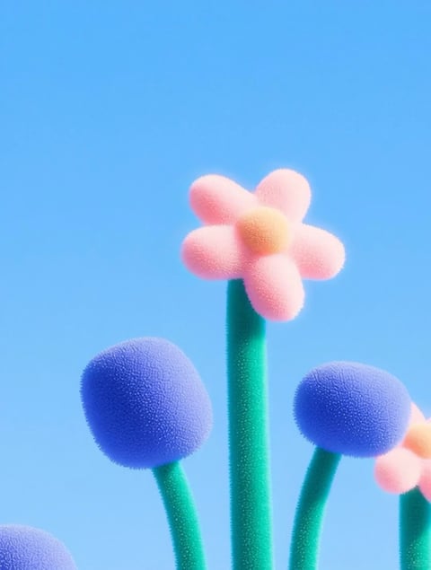 This image presents a 3D rendered, stylized botanical scene with a soft, tactile aesthetic. The dominant color palette features pastel pink, lavender-blue, and a vibrant teal-green stem against a solid, bright sky-blue background, creating a cheerful, high-contrast, and cool-toned composition. The lighting is soft and diffuse, appearing to come from the upper left, casting gentle shadows that enhance the three-dimensional forms without creating harsh edges. The texture is a defining characteristic: every surface, from the petals and stems to the spherical buds, is covered in a fine, fuzzy, velvety nap, giving a strong tactile impression of softness and plushness. The composition is a close-up, low-angle shot focusing on a few stylized plants, with one pink five-petaled flower in sharp focus at the top center and two blue spherical buds in the mid-ground, creating a shallow depth of field. The shape language is entirely organic and rounded, with no hard edges or geometric lines, emphasizing soft, bulbous forms. The overall mood is playful, whimsical, and serene, evoking a sense of gentle, dreamlike simplicity.