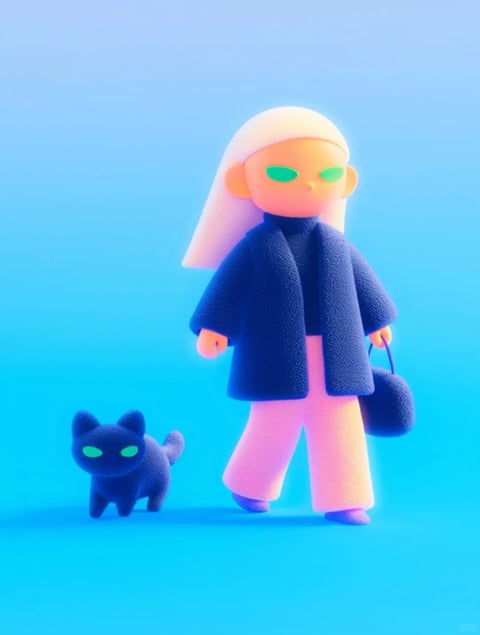 This image presents a stylized 3D digital illustration with a soft, tactile aesthetic reminiscent of clay or felt. The composition features a humanoid figure and a cat walking side-by-side against a seamless, gradient blue background. The color palette is dominated by cool tones, with a vibrant cyan-blue backdrop contrasting against the figure's deep navy coat and the cat's dark, almost black, form. The figure's clothing and hair introduce softer, warm accents of pale peach and lavender-pink, creating a balanced, pastel-infused contrast. Lighting is soft and diffused, appearing to emanate from the front-left, casting gentle, subtle shadows that enhance the rounded, three-dimensional forms without creating harsh edges. The texture is uniformly soft and slightly granular, suggesting a matte, fabric-like or sculpted clay surface with no reflective highlights. The shapes are simplified and geometric yet organic, with smooth, rounded edges and a lack of fine detail, emphasizing a minimalist, toy-like quality. The overall mood is calm, serene, and slightly whimsical, with a gentle, forward-moving energy conveyed by the walking poses and the simple, clean spatial arrangement.