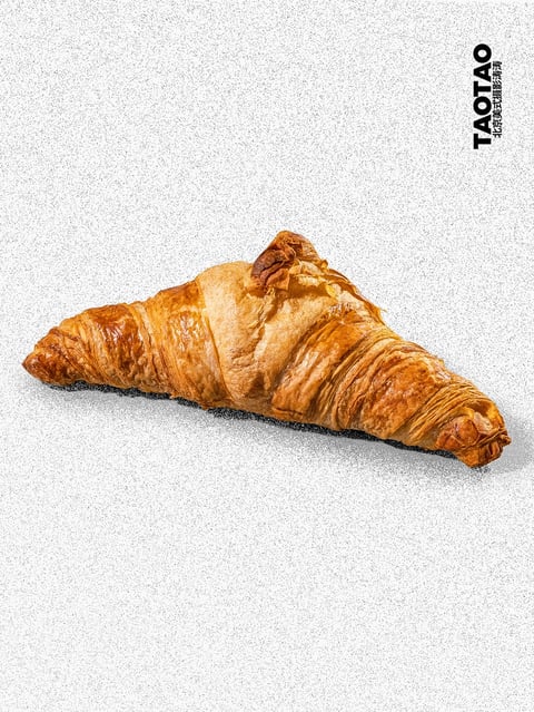 The image presents a photorealistic, studio-style rendering of a single, golden-brown croissant against a subtly textured, light gray background. The visual aesthetic is clean and commercial, emphasizing the product with high-fidelity detail. The color language is dominated by a warm, toasted palette of rich amber, deep caramel, and pale butter-yellow highlights, with strong contrast between the glossy, baked surfaces and the darker, shadowed crevices of the pastry. Lighting is directional and hard, coming from the upper left, casting a sharp, defined shadow beneath the croissant and creating bright specular highlights that accentuate its flaky, layered texture. The material feel is highly tactile, with the rendering meticulously capturing the crisp, brittle quality of the outer crust and the delicate, airy layers within. Compositionally, the croissant is centered and occupies the middle ground, presented in a diagonal orientation that creates dynamic visual flow, with ample negative space around it. The shape language is entirely organic, defined by the natural, irregular curves and folds of the baked dough, with soft, layered edges. The overall mood is appetizing and premium, conveying a sense of artisanal quality and inviting warmth through its focused, high-contrast presentation.