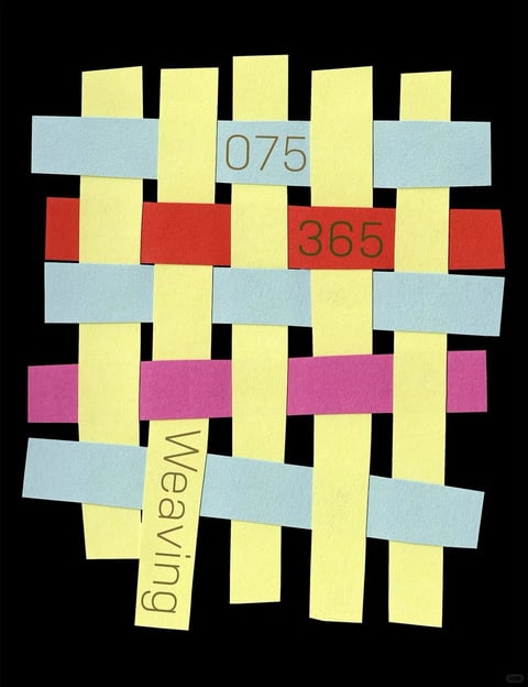 This image presents a flat, illustrative composition with a tactile, papercraft aesthetic, featuring a woven grid of colored paper strips against a solid black background. The dominant color palette is vibrant and saturated, with primary yellow strips forming a vertical warp, intersected by horizontal weft strips in light sky blue, bold red, and magenta pink, creating high-contrast, geometric color blocks. The lighting is even and shadowless, suggesting a flat, scanned, or digitally rendered surface with no directional light source, emphasizing the graphic quality. The texture is distinctly that of matte, slightly fibrous paper, with visible cut edges and a subtle, uniform grain that conveys a handmade, collage-like material feel. The composition is a centered, symmetrical grid pattern with a slight, deliberate irregularity in the strip alignment, creating a sense of handcrafted precision; depth is minimal, with the overlapping strips providing only a shallow, layered spatial effect. The shape language is strictly geometric, composed of rectangular strips with clean, sharp edges and consistent line weight, forming an interlocking pattern. The overall mood is playful, organized, and creatively structured, with a bright, energetic visual weight derived from the bold color contrasts and the repetitive, rhythmic weaving pattern.