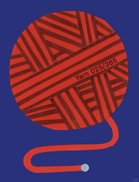 This image presents a stylized, illustrative representation of a ball of yarn, executed in a flat, graphic design style with a tactile, layered paper-cut aesthetic. The dominant color palette is a high-contrast, vibrant combination of a deep, saturated red-orange for the yarn and a solid, deep royal blue for the background, creating a bold, complementary color scheme with high visual impact. The lighting is flat and uniform, with no directional shadows or highlights, emphasizing the graphic, two-dimensional nature of the composition. The texture and material feel are defined by a simulated paper-cut or layered collage technique; the yarn ball is composed of overlapping, flat strips with clean, sharp edges, giving it a constructed, tactile quality despite the digital rendering. The composition is centered and iconic, featuring the circular yarn ball dominating the upper two-thirds of the frame, with a single, curving strand of yarn trailing downwards in a simple, elegant S-curve, ending in a small, light gray circular needle tip, creating a sense of balanced negative space against the solid blue field. The shape language is predominantly geometric and stylized, with the yarn ball formed from intersecting straight lines and angles within a perfect circle, and the trailing strand rendered as a smooth, continuous curve with uniform line weight. The overall mood is modern, clean, and graphically striking, with a playful yet sophisticated energy conveyed through the bold colors and simplified, iconic forms.