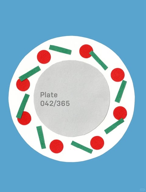 This image presents a flat, illustrative design with a minimalist, graphic aesthetic, rendered in a clean, paper-cut style. The dominant color palette features a vibrant, saturated sky blue background, a crisp white circular border, and a muted, light gray central circle, accented by bold, primary red dots and deep forest green rectangular bars. The lighting is perfectly even and flat, with no discernible direction or shadows, creating a graphic, poster-like mood. The texture and material feel are smooth and matte, resembling cut paper or vinyl decals with no visible grain or surface imperfections. The composition is strictly symmetrical and centered, featuring a large white circle containing a smaller gray circle, with the red dots and green bars arranged in a precise, repeating pattern around the perimeter. The shape language is entirely geometric, dominated by perfect circles and straight-edged rectangles, with sharp, clean edges and no organic forms. The overall mood is orderly, playful, and modern, with a high-energy, graphic quality and a balanced visual weight.