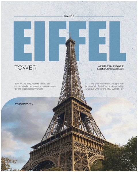 The image presents a stylized graphic design poster featuring the Eiffel Tower, blending photographic elements with bold typography and a textured, vintage aesthetic. The visual style is a hybrid of photorealism and flat graphic design, with the tower rendered in sharp, detailed photographic clarity against a textured, off-white background that mimics aged paper or concrete with subtle grain and speckling. The color language is muted and sophisticated, dominated by a desaturated sky blue for the large 'EIFFEL' text, the dark bronze and iron tones of the tower, and soft, cloudy blues and whites in the photographic sky, all set against a pale, cool gray backdrop. The lighting on the tower appears natural and diffuse, suggesting an overcast day with soft, even illumination that highlights the intricate iron lattice without harsh shadows. Texture is a key element, with the background exhibiting a tangible, gritty paper texture, while the tower displays the hard, metallic, and slightly weathered surface of wrought iron. The composition is vertically oriented and symmetrical, with the tower centered and rising through the large, blocky sans-serif typography, creating a layered depth where the text sits behind the tower's spire. Shape language contrasts the rigid, geometric lines of the typography and the tower's engineered lattice with the soft, organic forms of the clouds and tree foliage at the base. The overall mood is nostalgic, elegant, and informational, evoking a sense of historical grandeur through its vintage-inspired color grading and textured finish.