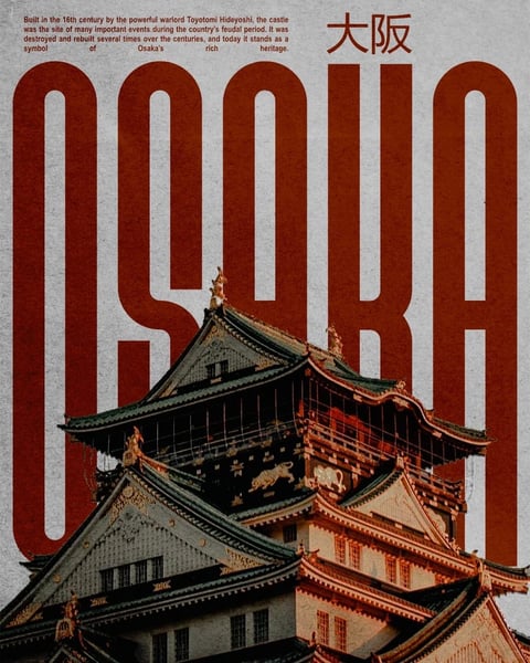 The image presents a stylized travel poster for Osaka, featuring a prominent, multi-tiered Japanese castle (Osaka Castle) rendered with a textured, illustrative quality that blends photographic detail with a painterly, slightly grainy finish. The visual aesthetic is reminiscent of vintage travel posters, combining a flat, graphic design approach with a detailed architectural subject. The color language is dominated by a warm, earthy palette: deep rust-reds and terracottas for the large, bold typography, contrasted with the castle's muted teal-green roofs, cream-colored walls, and gold decorative accents. The saturation is moderate, with rich but not overly vibrant tones, and the contrast is strong, particularly between the dark red text and the lighter, textured background. The lighting appears soft and diffused, casting gentle shadows that define the castle's intricate rooflines and architectural details without harshness, suggesting an overcast day or stylized studio lighting. Texture and material feel are emphasized through a visible paper grain or canvas-like overlay across the entire image, giving it a tactile, printed quality; the castle's surfaces show detailed rendering of wooden beams, tiled roofs, and metallic ornaments. Compositionally, the image uses a vertical format with the castle positioned in the lower two-thirds, partially obscured by the massive, vertically stretched 'OSAKA' typography that dominates the upper half and background, creating a layered depth where the text acts as both a backdrop and a foreground element. The shape language is a mix of the castle's organic, curved rooflines and intricate decorative details against the rigid, geometric, and elongated letterforms of the typography. The mood and atmosphere convey a sense of historic grandeur and cultural heritage, with a nostalgic, timeless energy that feels both informative and artistically evocative.