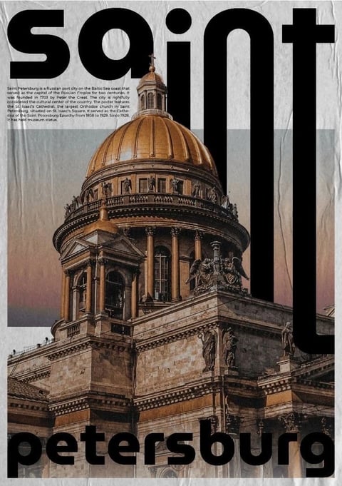 The image presents a stylized, graphic poster aesthetic that blends photorealistic architectural detail with bold, flat typography. The visual style is a hybrid of high-contrast photography and modernist graphic design, featuring a textured, crumpled paper overlay that gives the entire composition a vintage, tactile feel. The color language is dominated by warm, earthy tones—rich ambers, golds, and sepia browns in the architectural elements—contrasted sharply against deep, solid black typography and a muted, cool-toned sky gradient that transitions from pale blue to soft lavender. Lighting is directional and dramatic, appearing to come from the upper left, casting strong, defined shadows that accentuate the three-dimensional form of the cathedral's dome and columns while creating a high-contrast interplay between light and dark surfaces. The texture is highly detailed, emphasizing the rough, weathered stone of the building, the smooth metallic sheen of the golden dome, and the pronounced creases and grain of the paper background. Compositionally, the image uses a dynamic, asymmetrical arrangement where the massive, cropped architectural form dominates the lower two-thirds, while the oversized, bold sans-serif typography 'saint' and 'petersburg' frames the structure, creating a powerful sense of scale and depth through overlapping layers. The shape language combines the intricate, organic curves and ornate details of the Baroque architecture with the rigid, geometric lines of the modern typography. The overall mood is grand, historical, and slightly dramatic, evoking a sense of monumental scale and timeless elegance through its high-contrast rendering and vintage texture.