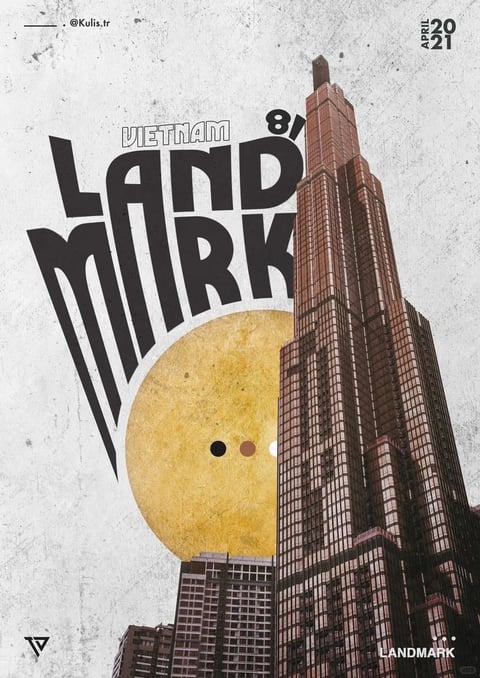 The image exhibits a graphic poster style with a distressed, textured overlay that mimics aged paper or a vintage print. The color palette is dominated by a muted, desaturated off-white background, contrasted by bold, flat black typography and a large, textured golden-yellow circle resembling a sun or moon. The architectural elements are rendered in a stylized, illustrative manner with a limited color range of warm browns, deep reds, and dark grays, using a halftone-like dot pattern for shading rather than photorealistic gradients. Lighting is implied through the graphic contrast and the placement of the golden circle, creating a dramatic, high-contrast mood without realistic light sources. The composition is dynamic and asymmetrical, with the towering skyscraper placed off-center, intersected by the large, curved typography 'LANDMARK' that flows organically around the building and the circular element. The shape language is a mix of strong geometric forms (the rectangular skyscraper grid, the perfect circle) and bold, fluid typographic curves. The overall atmosphere is retro, urban, and slightly gritty, evoking a sense of monumental scale and historical weight through its textured, print-inspired aesthetic.