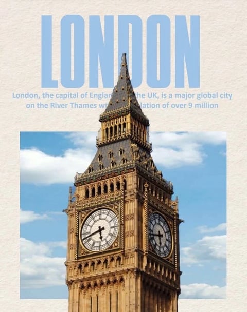 The image presents a photorealistic, high-detail rendering of the Elizabeth Tower (Big Ben) against a bright, partly cloudy sky, framed within a textured, off-white paper background. The visual aesthetic combines photographic clarity with a subtle, illustrative overlay from the paper texture, creating a hybrid of realistic capture and print media. The color language is dominated by the warm, honey-gold limestone of the tower, contrasted with the cool, soft cerulean blue of the sky and the pale, muted blue of the bold 'LONDON' typography. Saturation is natural and moderate, with the stone's warm tones and the sky's cool tones creating a balanced, complementary contrast. The lighting is bright, natural daylight, appearing to come from the upper left, casting soft, defined shadows that accentuate the tower's intricate Gothic architectural details and three-dimensional form, conveying a clear, daytime mood. The texture and material feel are highly tactile, emphasizing the rough, weathered surface of the stone masonry, the smooth glass of the clock faces, and the subtle, fibrous grain of the paper background. Compositionally, the tower is centrally framed and cropped to emphasize its height and iconic clock faces, with the large typography layered behind its spire, creating a sense of depth and graphic hierarchy. The shape language is a strong interplay of geometric forms—the rigid verticality of the tower, the circular clock faces, and the angular Gothic ornamentation—rendered with sharp, precise edges. The overall mood and atmosphere are iconic, stately, and informative, evoking a sense of historical grandeur and travel documentation with a calm, daytime energy.