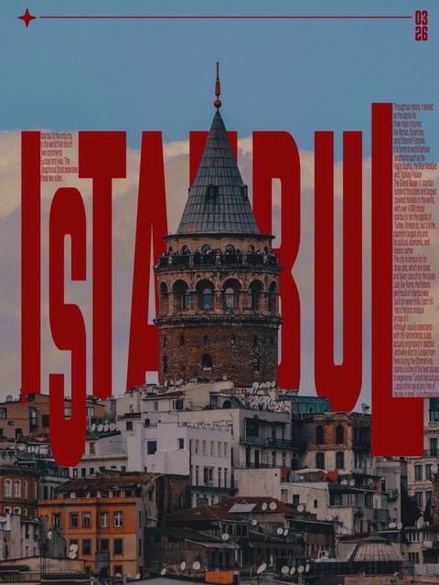 The image presents a photorealistic photograph of the Galata Tower in Istanbul, overlaid with bold, graphic design elements. The visual aesthetic combines high-resolution urban photography with striking, flat typography. The color language is dominated by a cool, muted blue sky that contrasts sharply with the large, vibrant crimson-red block letters spelling 'ISTANBUL' and the warm, earthy tones of the historic stone tower and surrounding terracotta-roofed buildings. The lighting is soft and diffused, characteristic of an overcast day or early twilight, casting gentle shadows that define the architectural forms without harsh contrast. Texture and material feel are highly detailed, showcasing the rough, weathered stone of the medieval tower, the smooth glass of its windows, and the varied surfaces of the densely packed urban architecture below. Compositionally, the image uses a central, vertical framing focused on the tower, with the massive red text acting as a foreground layer that partially obscures and interacts with the background scene, creating a strong sense of depth through layering. Shape language is a juxtaposition of the tower's organic, cylindrical form and conical roof against the rigid, geometric, sans-serif letterforms. The overall mood is iconic and culturally resonant, balancing historical gravitas with a modern, editorial graphic sensibility.