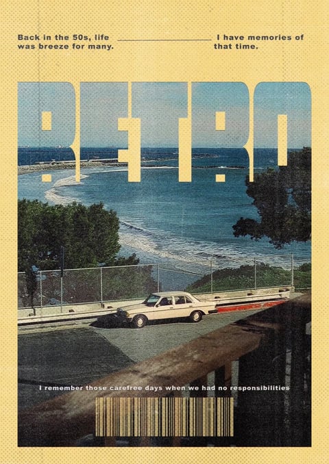 This image exhibits a retro, vintage-inspired aesthetic that blends photographic elements with graphic design overlays, reminiscent of mid-20th century print media. The visual style is characterized by a grainy, halftone texture that mimics old newspaper or magazine printing, creating a tactile, slightly distressed surface quality. The color language is dominated by a muted, desaturated palette: warm, pale yellows and creams form the background and graphic elements, while the photographic section features cool, deep teals and blues in the ocean, contrasted with the off-white of the vintage car and the dark greens of the foliage. The lighting within the photograph appears to be natural, soft daylight, casting gentle shadows and creating a calm, nostalgic mood. Compositionally, the image is layered, with a large, stylized, geometric typeface ('RETRO') overlaid on the coastal scene, acting as a window or mask that reveals the photograph beneath. The framing is a vertical poster format, with text elements positioned at the top and bottom, and a barcode graphic at the very base, enhancing the printed artifact feel. The shape language combines the organic forms of the waves, trees, and coastline with the sharp, geometric lines of the typography and the car's silhouette. Overall, the atmosphere is one of wistful nostalgia, evoking a sense of memory and the passage of time through its deliberate use of vintage graphic techniques and a serene, coastal subject.