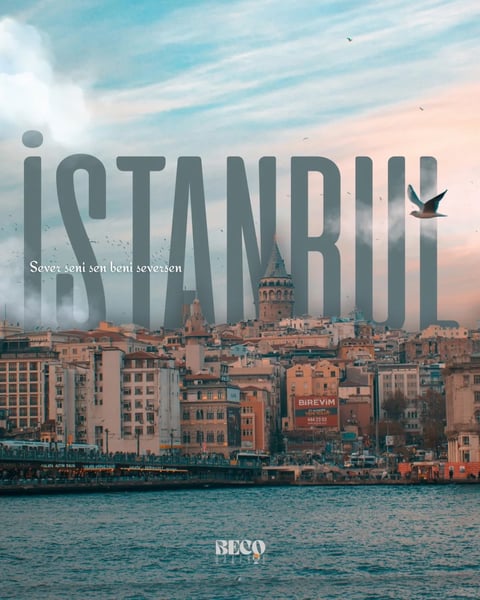 This image presents a photorealistic, cinematic cityscape of Istanbul, rendered with a soft, painterly quality that blends sharp architectural details with atmospheric haze. The color palette is dominated by warm, desaturated tones—soft peaches, muted terracottas, and dusty beiges in the buildings, contrasted by cool, muted teals and slate blues in the water and sky, creating a balanced, low-saturation harmony. The lighting is soft and diffused, suggesting either early morning or late afternoon, with a gentle, even illumination that casts minimal harsh shadows, enhancing the dreamy, nostalgic mood. Textures are rendered with a tactile, slightly grainy quality, giving the stone facades and water surface a tangible, lived-in feel. The composition is layered, with the foreground water, midground dense urban architecture, and background sky creating clear depth, while the large, semi-transparent typography overlays the scene, integrating text and image spatially. Shapes are a mix of organic forms in the water and sky, and geometric, repetitive patterns in the building windows and roofs, with soft edge treatments that avoid sharp outlines. The overall atmosphere is serene, romantic, and slightly melancholic, evoking a sense of timeless urban beauty and quiet contemplation.