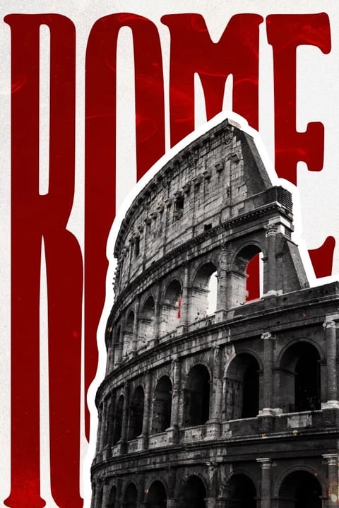 This image employs a bold, graphic poster aesthetic with a high-contrast, mixed-media composition. The visual style is defined by a striking juxtaposition: a photorealistic, monochromatic (grayscale) depiction of the Colosseum's upper tiers is layered over a large, textured typographic element spelling 'ROME' in a deep, saturated crimson red. The color language is stark and limited, dominated by the intense red of the text against a light, off-white background with a subtle grain, while the architectural element is rendered in a full range of grays, creating a dramatic tonal contrast. The lighting on the Colosseum is directional and natural, suggesting daylight that casts deep, hard shadows within the arches, emphasizing the structure's three-dimensional form and weathered texture. The texture and material feel are highly tactile: the red text exhibits a distressed, almost painted or stamped quality with subtle internal texture, while the Colosseum shows the rough, pitted, and eroded surface of ancient stone. Compositionally, the image is vertically oriented and tightly framed, with the colossal, elongated letters of 'ROME' filling the left and top portions of the frame, acting as a backdrop that the architectural cutout overlaps, creating a sense of depth through layering. The shape language combines the strong, geometric, and vertical lines of the typography with the organic, arched, and crumbling forms of the classical architecture. The overall mood is dramatic, monumental, and graphic, conveying a sense of historical weight through a modern, high-impact design lens.