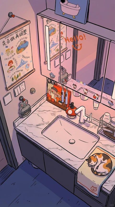This is an interior scene of a compact, stylized bathroom rendered in a warm, illustrative style. The environment is intimate and domestic, with a spatial scale focused on the vanity area. The lighting suggests a soft, warm time of day, possibly late afternoon or evening, with ambient light casting gentle shadows and a warm glow emanating from the sink area, creating a cozy, inviting atmosphere. The spatial composition is layered, with the marble countertop and sink in the foreground, a mirrored medicine cabinet and wall decorations in the midground, and the reflection of the room and a window in the background, all viewed from a slightly elevated, angled perspective. The dominant color palette is warm, featuring soft pinks, peaches, and lavenders, contrasted with cool blue-gray tones in the shadows and floor, creating a gentle, harmonious contrast. Key elements include a white rectangular sink with a modern faucet, a red polka-dotted soap dispenser, a sleeping calico cat curled on a towel, a wall-mounted poster with Chinese text and illustrations, a mirrored cabinet with 'Hello!' written on it, and various cute, cartoonish accessories like a mouse-shaped soap holder and Hello Kitty stickers. The textures are smooth and stylized, with the marble countertop showing subtle veining, the walls appearing flat and painted, and the fabrics and cat fur rendered with soft, illustrative lines. The emotional tone is calm, cozy, and whimsical, evoking a sense of personal, lived-in comfort and gentle narrative charm.
