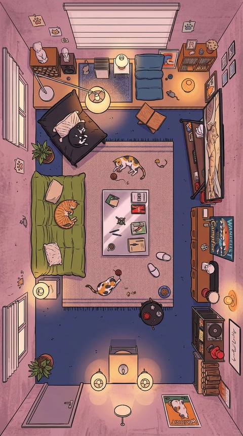 This is a cozy, cluttered interior living room scene depicted from a high-angle, top-down perspective, creating a sense of intimate, lived-in warmth. The environment is a domestic, urban interior with a compact spatial scale, filled with personal belongings and multiple cats. The lighting suggests a warm, ambient evening atmosphere, with soft, localized glows from table lamps and floor lamps casting pools of warm amber light that contrast with the cooler, deep blue shadows on the floor and in the corners. The spatial composition is layered, with a foreground area near the bottom featuring a door, a small stool, and a lit floor lamp; a midground dominated by a large, textured area rug with a coffee table, a green sofa, and a dark beanbag chair; and a background wall with a window, shelves, and a television. The color environment is dominated by warm ambient tones of peach, pink, and amber from the walls and lighting, contrasted against the cool, deep blue of the floor and the rich greens and browns of the furniture. Key elements include a green tufted sofa with a sleeping orange tabby cat, a dark beanbag with a black and white cat, two calico cats playing with yarn on the rug, a cluttered coffee table with books and a mug, a television displaying a cat image, wooden shelves filled with records and decor, potted plants, and scattered cat toys and paw print decorations. Textures are varied, including the soft, woven fabric of the rug, the smooth wood of the floor and furniture, the plush velvet of the sofa, and the matte finish of the walls. The emotional tone is one of calm, domestic tranquility and cozy intimacy, with a playful narrative implication centered around the cats' activities in a comfortable, personalized space.