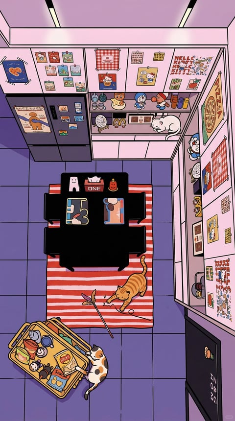 This is a high-angle, isometric-style interior scene of a small, densely decorated room with a playful, cartoonish aesthetic. The environment is a compact, enclosed space with a purple-tiled floor and light pink walls covered in a dense collage of posters, stickers, and artwork featuring characters like Hello Kitty and Doraemon. The lighting is flat and even, suggesting artificial overhead illumination with no strong directional shadows, creating a bright, cheerful atmosphere. The spatial composition is layered, with a foreground dominated by a yellow rolling cart filled with snacks and toys, a midground featuring a black dining table on a red-and-white striped rug where an orange tabby cat plays with a feather toy, and a background showcasing a kitchen area with a refrigerator, shelves of figurines, and a sleeping white cat. The color environment is vibrant and saturated, with dominant cool purples and pinks contrasted by warm reds, oranges, and yellows from the rug, cat, and props. Key elements include the cluttered, personalized decor, the playful interaction of the cats, and the abundance of pop-culture memorabilia, which together create a sense of cozy, chaotic intimacy and youthful nostalgia. The textures are smooth and graphic, with clean lines and flat colors typical of digital illustration, emphasizing a stylized, non-photorealistic materiality. The emotional tone is lighthearted, whimsical, and bustling, evoking a lived-in, personal sanctuary filled with playful energy.