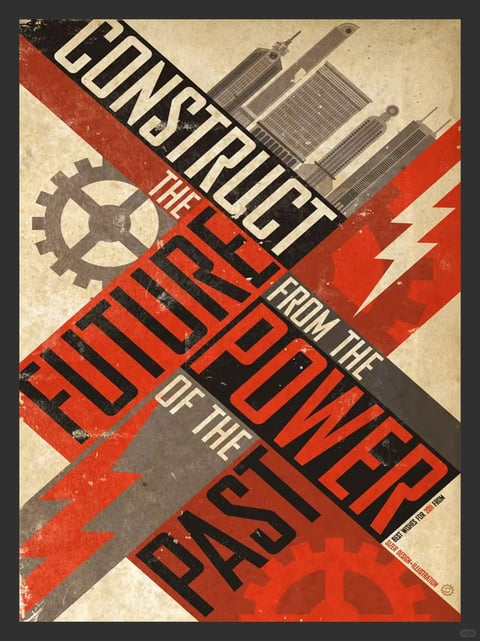 This is a vintage-style propaganda poster with a distressed, textured finish that mimics aged paper with visible grain and wear. The visual aesthetic is flat and illustrative, employing bold, geometric shapes and a limited, high-contrast color palette dominated by deep red, black, and off-white. The color language features saturated reds against stark black and muted beige, creating a strong, graphic impact with a warm, aged temperature. Lighting is not depicted realistically but is implied through the high contrast between light and dark elements, contributing to a stark, dramatic mood. Texture is a key element, with a pervasive grunge effect that includes scratches, speckles, and uneven ink application, giving the image a tactile, weathered material feel. The composition is dynamic and diagonal, with intersecting bands of text and imagery creating a sense of movement and energy; the arrangement is layered, with elements like gears, lightning bolts, and stylized skyscrapers overlapping to build depth within a flat graphic space. Shape language is predominantly geometric and angular, featuring sharp lines, blocky typography, and stylized mechanical forms like gears and lightning bolts, with clean edges that are softened by the distressed texture. The overall mood is powerful, industrial, and retro-futuristic, conveying a sense of determined energy and historical weight through its bold forms and aged aesthetic.