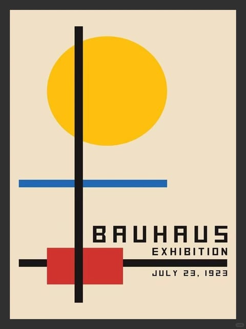 This image is a flat, illustrative poster in the Bauhaus style, characterized by a minimalist, geometric composition. The dominant palette features primary colors—a large, saturated yellow circle, a horizontal blue bar, and a red rectangle—set against a warm, off-white background, creating high contrast with bold, black linear elements. The lighting is non-directional and uniform, typical of flat graphic design, with no shadows or gradients, emphasizing the graphic quality. Textures are absent, presenting smooth, matte surfaces with crisp, hard edges on all shapes. The composition is asymmetrical yet balanced, with a strong vertical black line intersecting horizontal elements, creating a structured, architectural spatial arrangement. Shape language is strictly geometric, combining circles, rectangles, and straight lines with consistent, medium-weight strokes. The overall mood is modern, intellectual, and orderly, conveying a sense of functionalist clarity and avant-garde energy through its precise, abstract forms.