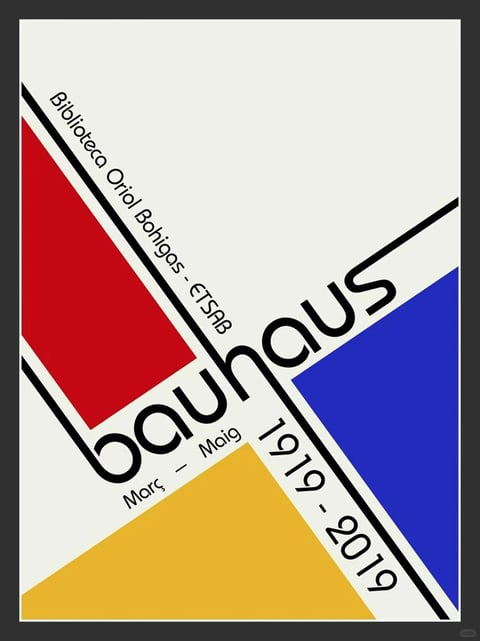 This image is a flat, graphic poster designed in the Bauhaus style, characterized by a clean, geometric composition. The visual aesthetic is strictly illustrative and non-representational, utilizing bold, solid color blocks and sharp, precise lines. The color language is dominated by a primary palette of vibrant red, deep blue, and mustard yellow, set against a stark off-white background, creating high contrast and a modernist feel. The lighting approach is non-existent, as the design relies on flat color fills without gradients or shadows, emphasizing a 2D, graphic quality. Texture and material feel are minimal, presenting a smooth, printed surface with no tactile depth. The composition is dynamic and asymmetrical, featuring diagonal black lines that divide the space into triangular and trapezoidal sections, with text integrated along these lines to create movement. Shape language is entirely geometric, with sharp angles, straight lines, and circular letterforms in a sans-serif typeface. The mood and atmosphere are intellectual, structured, and avant-garde, conveying a sense of order and modernist ideology.