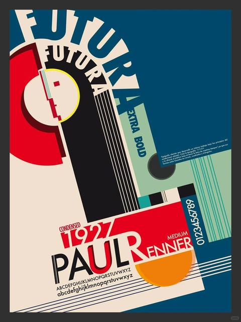 This image is a graphic design poster rendered in a flat, illustrative style, characteristic of modernist or Bauhaus-inspired typography. The visual aesthetic is clean and geometric, with sharp, vector-like edges and no photorealistic rendering. The color language is bold and high-contrast, featuring a dominant palette of deep teal blue, vibrant red, warm orange, and off-white, with accents of black and mint green; saturation is high, and colors are applied in solid, unblended blocks. Lighting is implied through flat color fields rather than realistic illumination, creating a mood of structured clarity. Texture and material feel are minimal, with surfaces appearing smooth and matte, emphasizing graphic precision over tactile depth. Compositionally, the design is dynamic and asymmetrical, using overlapping geometric shapes, angled text blocks, and layered elements to create a sense of movement and spatial depth without traditional perspective. Shape language is predominantly geometric, with circles, rectangles, and strong linear elements; line weight varies from thick, bold strokes to fine parallel lines, and edges are crisp and well-defined. The overall mood is energetic, intellectual, and retro-modern, evoking a sense of structured creativity and typographic innovation.