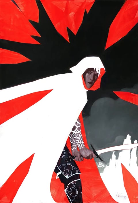 This image exhibits a bold, graphic illustration style characterized by flat, opaque color fields and sharp, hard-edged shapes. The dominant color language is a high-contrast triad of saturated crimson red, stark white, and deep, matte black, with a muted, desaturated gray in the background. Lighting is non-naturalistic and graphic, serving to define forms through stark value separation rather than realistic illumination, creating a dramatic, high-contrast mood. The texture and material feel are smooth and painterly, with visible brushstrokes in the red areas and crisp, clean edges on the white and black shapes, giving a tactile impression of gouache or acrylic paint on a flat surface. The composition is dynamic and asymmetrical, with a large, sweeping white form dominating the left side, framing the central figure who is positioned off-center, creating a sense of movement and tension against a shallow, layered depth. Shape language is a mix of sharp, aggressive geometric spikes in the red and black background elements and more organic, flowing curves in the white cloak and the figure's form, with consistent, bold line weight defining key contours. The overall mood is intense, dramatic, and confrontational, with a high-energy, visually weighted atmosphere driven by the stark contrasts and aggressive graphic forms.