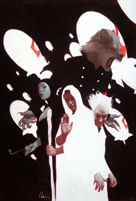 The image presents a dark, painterly illustration with a high-contrast, limited color palette dominated by deep blacks, stark whites, and accents of vivid red. The rendering style is illustrative with a slightly rough, textured quality, suggesting traditional media like gouache or acrylic on a dark surface. Lighting is dramatic and directional, creating sharp, flat planes of light on the figures against an abyssal black background, with no soft gradients or atmospheric depth. Textures are simplified but tactile, emphasizing the smoothness of skin, the matte finish of fabric, and the coarse fur of the wolf. Compositionally, the figures are arranged in a tight, overlapping group in the lower half, framed by large, abstract white shapes and smaller floating forms that create a sense of chaotic, shallow depth. Shape language combines organic, flowing forms in the figures and wolf with stark, geometric abstraction in the background shapes, defined by clean, sharp edges. The overall mood is ominous, surreal, and tense, conveying a sense of supernatural confrontation or ritualistic power through the stark visual contrasts and the figures' intense, direct gazes.