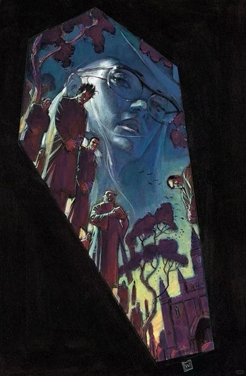 The image presents a painterly, illustrative style with a dark, gothic aesthetic, rendered in a vertical, coffin-shaped frame against a solid black background. The composition is layered with a large, translucent, blue-toned face of a man with glasses dominating the upper portion, overlaid with smaller figures in deep maroon robes. The color palette is dominated by cool blues and teals in the upper section, transitioning to warm, saturated oranges and yellows in the lower background, creating a high-contrast, dramatic temperature shift. Lighting is atmospheric and directional, with a soft, ethereal glow illuminating the central face and figures, while the lower scene is backlit by a warm, setting sun, casting long shadows. The texture is smooth yet painterly, with visible brushstroke-like blending, giving surfaces a matte, slightly grainy feel. The composition uses a nested, vertical arrangement with overlapping elements to create depth, framing the scene within the coffin shape. Shape language combines organic, flowing forms in the figures and trees with the hard, geometric edges of the coffin frame and architectural elements. The overall mood is somber, mysterious, and melancholic, with a heavy visual weight concentrated in the dark, saturated tones and the imposing, funerary framing.