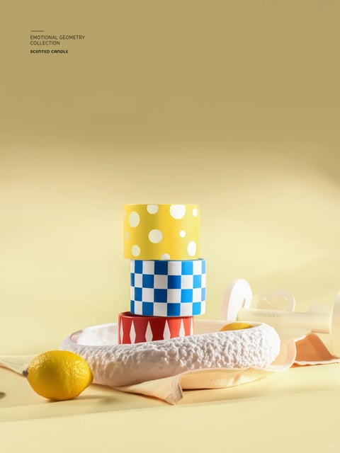 The image presents a photorealistic, studio-style composition with a clean, minimalist aesthetic. The dominant color language features a warm, desaturated yellow background that creates a soft, sunlit atmosphere, complemented by the vibrant, primary colors of the stacked objects: a yellow cylinder with white polka dots, a blue and white checkered cylinder, and a red cylinder with white diamond patterns. The lighting is soft and directional, coming from the upper left, casting gentle, diffused shadows that enhance the three-dimensionality of the objects without creating harsh contrast. The texture and material feel are smooth and matte, with the ceramic-like surfaces of the cylinders contrasting subtly with the porous, textured white stone-like object in the foreground and the organic, pitted skin of the yellow lemon. The composition is arranged in a vertical stack centered in the frame, with supporting elements placed asymmetrically in the foreground to create depth and balance. The shape language is predominantly geometric, with the clean cylindrical forms and patterned surfaces, contrasted by the organic curves of the lemon and the irregular texture of the stone object. The overall mood is calm, playful, and contemporary, evoking a sense of curated, modern design with a light, airy energy.