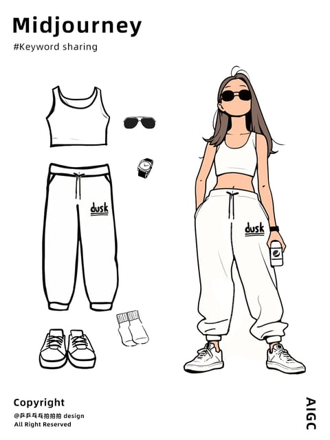 This image presents a cohesive fashion illustration in a clean, flat, 2D illustrative style with a hand-drawn, line-art aesthetic. The color language is minimalist and high-contrast, dominated by a stark white background and clothing, with black line work and text, and a limited accent palette of muted skin tones and dark brown hair. The lighting is implied and flat, with no directional shadows or gradients, creating an even, graphic quality. Texture and material feel are suggested through simple line work rather than rendered detail, giving the impression of soft cotton for the sweatpants and tank top, and smooth leather or canvas for the sneakers. The composition is structured as a style guide or moodboard, with a clear spatial arrangement: individual clothing items (tank top, sweatpants, sneakers, socks, sunglasses, watch) are laid out flat on the left, while a character wearing the complete outfit is positioned on the right, creating a direct visual reference. The shape language is organic yet simplified, with soft, rounded contours for the clothing and figure, defined by consistent, confident black outlines of medium weight. The overall mood is casual, modern, and effortlessly cool, conveying a relaxed, streetwear-inspired energy with a clean, graphic, and accessible visual tone.