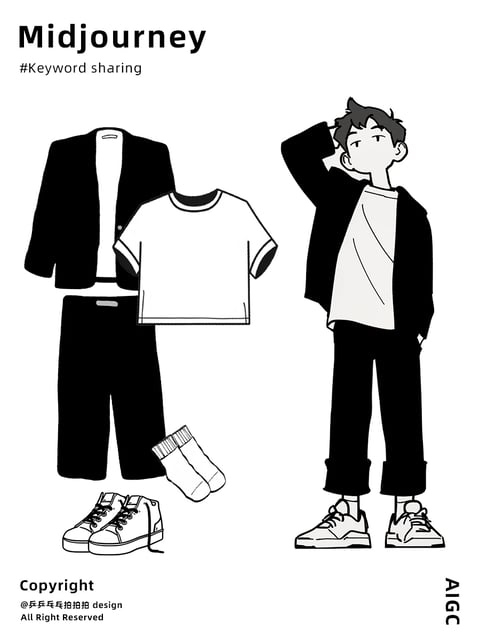The image presents a flat, illustrative style characterized by bold, clean black line art and solid black fills, creating a high-contrast, graphic novel aesthetic. The color language is strictly monochromatic, utilizing pure black and white with no gradients or mid-tones, resulting in stark visual separation. Lighting is implied through the placement of solid black shapes rather than rendered shadows or highlights, conveying a flat, two-dimensional mood. Textures are minimal and stylized, with fabric surfaces rendered as smooth, untextured black or white areas, and details like shoe laces and sock cuffs defined by simple line work. The composition is organized into two distinct sections: a flat-lay arrangement of clothing items on the left and a full-body character illustration on the right, both centered against a plain white background with ample negative space. Shape language combines organic, flowing lines for the character's hair and posture with geometric, structured forms for the clothing items, all defined by consistent, medium-weight outlines with sharp, clean edges. The overall mood is casual, modern, and approachable, with a youthful, energetic atmosphere conveyed through the character's relaxed pose and the straightforward, uncluttered presentation of the outfit.