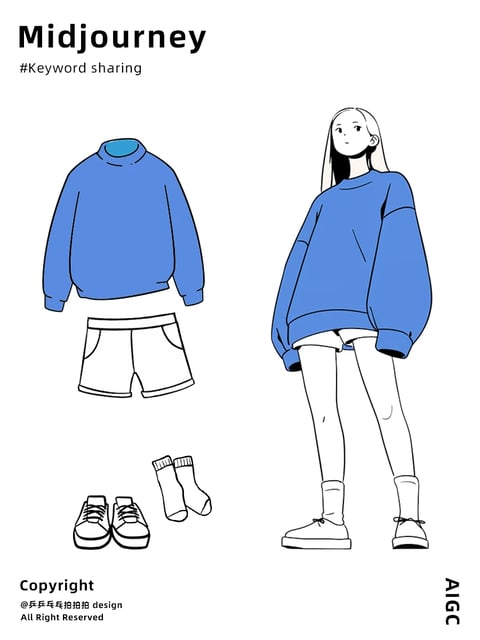The image presents a clean, flat illustrative style with a minimalist, line-art aesthetic, featuring a simple two-dimensional rendering technique. The color language is dominated by a single, vibrant medium-blue hue applied to the sweatshirt, contrasted against a stark white background and black line art, creating a high-contrast, limited palette with cool color temperature. Lighting is implied through flat color fills without gradients or shadows, suggesting an even, ambient light source that eliminates depth. Texture and material feel are abstracted, with the clothing rendered as smooth, untextured surfaces defined solely by clean outlines, giving a graphic, digital feel. The composition is structured as a fashion flat lay, with individual clothing items (sweatshirt, shorts, socks, shoes) arranged neatly on the left and a full-body character wearing the outfit on the right, creating a balanced, instructional layout with no spatial depth. Shape language is geometric and simplified, using consistent, medium-weight black outlines with sharp edges to define forms, avoiding organic irregularities. The overall mood is casual, modern, and instructional, with a neutral, upbeat energy and a visually light, uncluttered atmosphere.