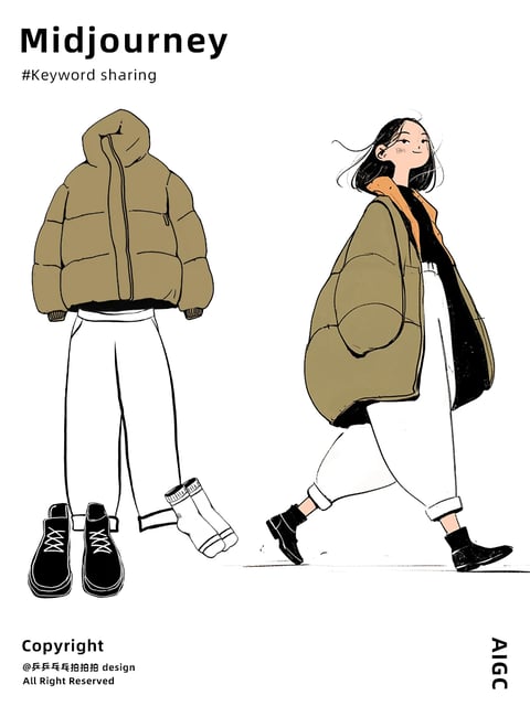 The image presents a fashion illustration style with a clean, flat, and graphic aesthetic, characterized by bold, confident line art and minimal shading. The color language is restrained and earthy, dominated by a muted olive-brown for the puffer jacket, crisp white for the trousers, and stark black for the boots and inner layers, creating a high-contrast, graphic look against a plain white background. The lighting is flat and ambient, with no directional shadows, emphasizing the illustrative quality over realism. Texture is implied through line work rather than rendered detail, giving the materials a smooth, stylized feel. The composition is a straightforward, centered layout showing a single outfit from two perspectives: a flat lay arrangement on the left and a dynamic, walking figure on the right, creating a clear before-and-after or concept-to-wear presentation. Shape language is a mix of soft, rounded organic forms for the puffy jacket and the figure's silhouette, contrasted with sharp, geometric lines for the boots and trouser cuffs. The overall mood is casual, modern, and effortlessly cool, with a youthful and energetic atmosphere conveyed by the walking pose and wind-swept hair.