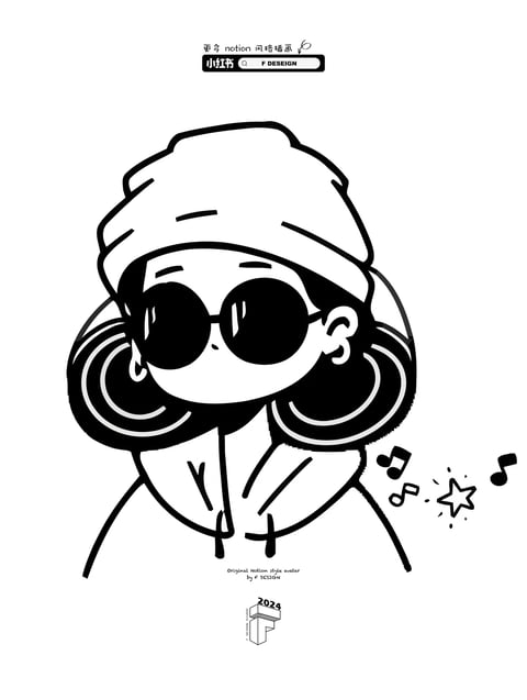 This image presents a flat, illustrative style with a bold, high-contrast black-and-white color palette. The rendering technique is purely graphic, using solid black fills and clean, thick line art with no gradients or shading, creating a stark, two-tone visual language. The composition is centered on a stylized character portrait, framed from the shoulders up, with floating musical notes and a star icon adding dynamic elements to the lower right. The shape language is a mix of organic, rounded forms for the character's hair and face, and sharp, geometric lines for details like the sunglasses and clothing seams, with consistent, heavy line weight defining all edges. The texture is smooth and vector-like, with no tactile surface detail, emphasizing a clean, digital aesthetic. The mood is cool, relaxed, and playful, conveyed through the character's sunglasses, casual beanie, and the accompanying musical symbols, all rendered with a cheerful, graphic energy.