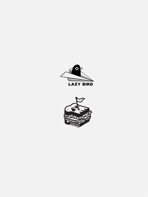 The image presents two distinct logo designs rendered in a clean, illustrative style with a flat, two-dimensional aesthetic. The color language is strictly monochromatic, utilizing solid black ink on a plain, off-white background, creating high contrast and a graphic, bold appearance. The lighting is implied through flat shading and hatching techniques rather than realistic light sources, contributing to a crisp, print-like quality. Textures are minimal, suggested only through simple line work and stippling to imply form, such as the subtle shading on the paper plane or the sandwich layers. Compositionally, the logos are vertically stacked with ample negative space around them, emphasizing their individual forms. The shape language combines geometric precision (the angular paper plane, the rectangular sandwich layers) with organic, playful curves (the bird's head, the wavy sandwich filling), all defined by consistent, medium-weight outlines. The overall mood is whimsical, approachable, and modern, evoking a sense of playful simplicity and clever visual puns.