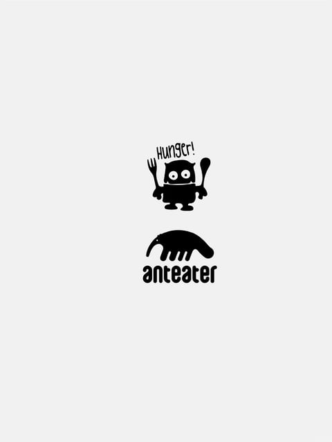 The image features a flat, minimalist illustrative style with bold, solid black silhouettes against a uniform off-white background. The color language is strictly monochromatic, utilizing high contrast between the deep black shapes and the light neutral backdrop, with no gradients or intermediate tones. Lighting is absent in a traditional sense, as the flat rendering relies on silhouette definition rather than directional illumination or shading. Texture is smooth and graphic, with no surface detail or material rendering, emphasizing a clean, digital vector aesthetic. Composition is vertically centered and balanced, with two distinct graphic elements stacked: a small, stylized character holding utensils above a simplified anteater silhouette and text. Shape language is organic yet highly simplified, using rounded forms, clean curves, and consistent line weight for the character's features, while the anteater is rendered as a single, flowing silhouette. The mood is playful, direct, and slightly whimsical, conveyed through the character's wide-eyed expression and the bold, uncomplicated graphic presentation.