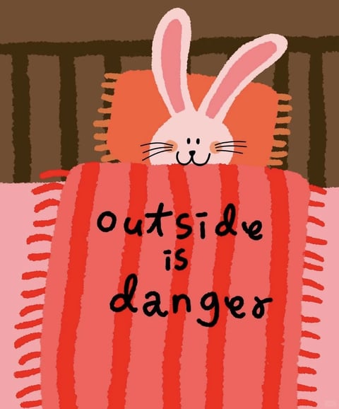 This image features a flat, illustrative art style with a hand-drawn, textured quality, reminiscent of children's book illustrations or digital doodles. The color palette is warm and muted, dominated by soft pinks, terracotta reds, and earthy browns, with low saturation and gentle contrast. Lighting is flat and ambient, with no directional shadows, creating a cozy, enclosed mood. Textures are rendered with visible, sketchy brushstrokes, giving a tactile, slightly rough feel to the blanket and pillow, while the bunny's fur appears smooth. The composition is tightly framed and centered, focusing on the bunny's head peeking over a striped blanket, with a shallow depth of field that flattens the space. Shapes are predominantly organic and rounded, with soft, irregular edges and a consistent, medium-weight black outline defining forms. The overall mood is comforting yet slightly anxious, conveying a sense of safe, cozy retreat from an unseen external threat.