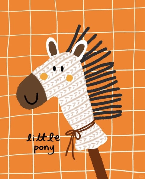 This image presents a charming, illustrative style with a flat, graphic rendering technique reminiscent of children's book art or playful sticker designs. The color language is dominated by a warm, saturated orange background, contrasted with the pony's off-white, textured body, dark brown muzzle and stick, and charcoal gray mane. The palette is cohesive and high-contrast, utilizing warm tones throughout. Lighting is flat and ambient, with no directional shadows, creating an even, cheerful mood. The texture and material feel are distinctly tactile and craft-like; the pony's body has a subtle, cross-hatched or woven pattern suggesting fabric or paper, while the mane is rendered with bold, sketchy, crayon-like strokes. The composition is centered and straightforward, featuring a close-up, profile view of the pony's head and neck against a simple grid background, with minimal depth. The shape language combines soft, organic curves for the pony's form with the rigid, geometric structure of the background grid, and edges are slightly rough and hand-drawn. The overall mood is playful, innocent, and whimsical, with a low-energy, cozy visual weight.