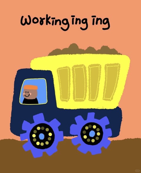 This image is a flat, illustrative artwork with a childlike, hand-drawn aesthetic, rendered with a textured, crayon-like or chalky finish that gives it a tactile, slightly rough surface quality. The dominant color palette is warm and saturated, featuring a soft peach-orange background, a deep navy blue truck cab, a bright lemon-yellow cargo bed, and vivid purple-blue gear-shaped wheels, all set against a dark brown ground plane. The lighting is flat and ambient, with no strong directional shadows, creating a simple, even illumination that emphasizes the bold shapes and colors. The composition is centered and straightforward, with the truck occupying the middle ground in a side-profile view, framed by the solid background and ground, creating a shallow sense of space. The shape language is primarily geometric and simplified, with blocky forms for the truck body, rounded rectangles for the cargo details, and distinct gear-tooth outlines for the wheels, all defined by soft, slightly fuzzy edges rather than crisp lines. The overall mood is cheerful, playful, and energetic, conveyed through the bright, high-contrast colors, the smiling driver, and the whimsical, non-realistic design of the vehicle.