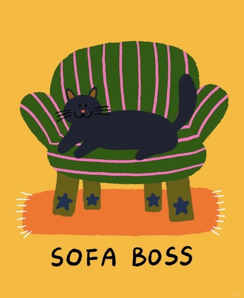 The image features a flat, illustrative art style with a textured, crayon-like rendering technique, characterized by soft, slightly uneven edges and a hand-drawn feel. The color language is vibrant and saturated, dominated by a warm mustard-yellow background, a deep forest-green armchair with bold pink stripes, and a solid black cat, creating high contrast and a cheerful, playful palette. The lighting is flat and ambient, with no directional shadows, contributing to a bright, even, and approachable mood. Texture is conveyed through the grainy, stippled surface quality, suggesting a tactile, paper-like or pastel-on-paper material feel. The composition is centered and symmetrical, with the chair and cat placed directly in the middle, resting on an orange rug, creating a stable, grounded spatial arrangement with minimal depth. Shape language is organic and rounded, with soft, bulbous forms for the chair and cat, using consistent, medium-weight lines and soft edges throughout. The overall mood is whimsical, cozy, and lighthearted, evoking a sense of relaxed, domestic comfort with a playful, storybook atmosphere.