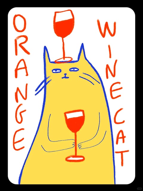 The image features a flat, illustrative style with a hand-drawn, naive aesthetic, characterized by bold, uneven line work and a limited, vibrant color palette. The dominant colors are a saturated, warm yellow for the cat's body, bright orange for the wine and text, and a deep, cool blue for the outlines and facial details, creating high contrast against a plain white background. The lighting is flat and non-directional, with no shadows or gradients, contributing to a graphic, two-dimensional feel. The texture is smooth and digital, with a slight crayon-like or marker-like grain visible in the line work, suggesting a digital drawing mimicking traditional media. Compositionally, the subject is centered and fills the frame vertically, with text arranged vertically on either side, creating a balanced, poster-like layout. The shape language is organic and simplified, with the cat's form composed of soft curves and pointed ears, while the wine glasses are geometric with rounded bowls. The overall mood is playful, whimsical, and slightly humorous, conveyed through the cat's deadpan expression and the absurdity of balancing a wine glass on its head.