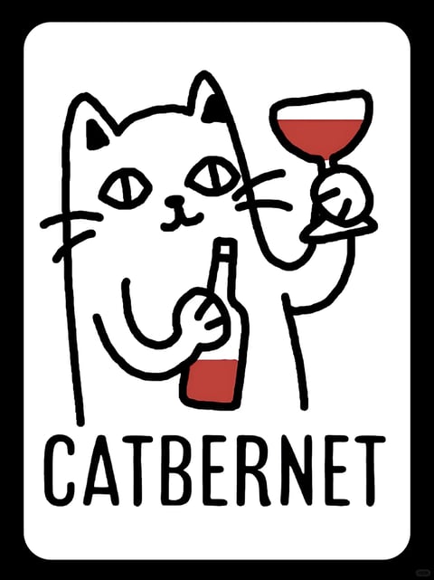 The image is a flat, illustrative artwork rendered in a bold, hand-drawn line art style with a minimalist, cartoonish aesthetic. The dominant color palette is starkly high-contrast, featuring solid black outlines and fills against a pure white background, punctuated by a single, saturated accent color—a deep, warm red used for the wine in the glass and bottle. The lighting is completely flat and non-directional, with no shading or gradients, creating a graphic, poster-like quality. Texture is absent, emphasizing a smooth, digital or ink-on-paper surface feel. The composition is centrally framed, with the subject—a stylized cat—occupying the majority of the vertical space, arranged in a straightforward, symmetrical manner with no implied depth or perspective. The shape language is defined by thick, uniform, organic black lines with rounded, playful edges, forming simplified, geometric-inspired forms for the cat's features and the wine accessories. The overall mood is whimsical, humorous, and lighthearted, conveyed through the cat's anthropomorphic pose and the punny text 'CATBERNET' below, creating a visually weighty yet approachable and fun atmosphere.