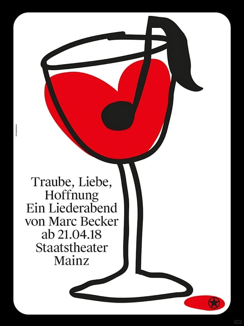 This image is a flat, illustrative poster with a minimalist aesthetic, rendered in a graphic, hand-drawn style. The color palette is stark and high-contrast, dominated by pure white, solid black, and a single, vibrant, saturated red. There is no complex lighting or shading; the forms are defined by bold, black outlines and flat color fills, creating a strong, graphic impact. The texture is entirely smooth and digital, with no tactile surface qualities, emphasizing a clean, printed feel. The composition is centered and vertical, featuring a large, stylized wine glass that fills the frame, with text arranged neatly to its left. The shape language combines organic, fluid curves for the glass and the heart-shaped liquid with the geometric, precise lines of the musical note and text, all defined by consistent, thick black outlines with sharp edges. The overall mood is bold, modern, and slightly playful, with a strong visual weight created by the solid color blocks and confident linework.