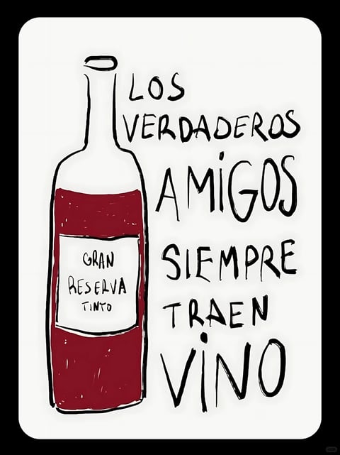 This image features a hand-drawn, illustrative style with a flat, two-dimensional aesthetic. The rendering technique is simple and sketch-like, using bold, uneven black outlines for the wine bottle and text, filled with solid, opaque colors. The color language is minimal and high-contrast, dominated by a deep, saturated crimson red for the wine, stark white for the label and background, and solid black for the line work and lettering, creating a graphic, poster-like quality. Lighting is non-directional and flat, with no shading or gradients, contributing to the graphic, non-realistic feel. Texture is minimal, with the red wine area showing subtle, irregular white speckles that suggest a slightly textured or imperfect fill, while the rest of the surfaces appear smooth and flat. The composition is asymmetrical, with the wine bottle positioned on the left third of the frame and the Spanish text arranged vertically on the right, creating a balanced visual weight. The shape language is a mix of organic and geometric; the bottle has a recognizable but loosely drawn organic form, while the text is rendered in a casual, hand-lettered style with varying line weights and slightly irregular, rounded shapes. The overall mood is casual, warm, and convivial, evoking a sense of friendly, informal gathering through its playful, handcrafted aesthetic and the message about friendship and wine.