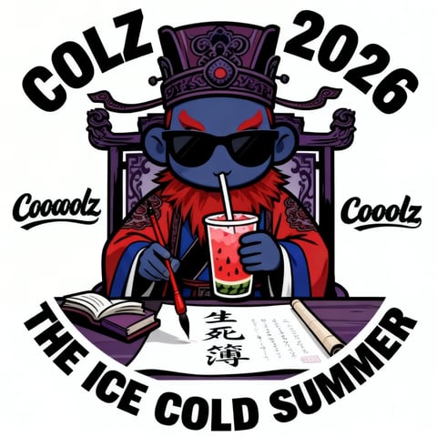 This image features a bold, illustrative graphic design with a flat, vector-art aesthetic, characterized by clean, hard-edged lines and solid color fills with minimal gradients. The color language is dominated by a high-contrast, saturated palette: deep royal purples and blues form the background and character's skin, accented by vibrant crimson reds in the robe and beard, with pops of bright pink and green in the drink. The lighting is flat and graphic, with no directional light source, creating a stylized, poster-like appearance. Texture is minimal, rendered through flat color blocks and sharp linework, giving a smooth, digital, and slightly glossy tactile impression. The composition is centrally framed and symmetrical, with the character positioned frontally behind a desk, creating a shallow, layered depth. Shape language combines organic, flowing forms in the character's beard and robe with strong geometric elements in the text, desk, and throne, all defined by thick, uniform black outlines. The overall mood is energetic, playful, and irreverent, blending traditional iconography with modern streetwear and pop-culture cool.