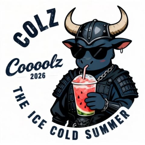 This image features a stylized, illustrative character design with a bold, graphic aesthetic reminiscent of modern streetwear or mascot art. The central figure is a dark blue, anthropomorphic bull-like creature rendered with clean, defined line art and flat shading, giving it a 2D vector illustration feel with subtle depth. The character wears a dark, studded leather vest, a chain necklace, and a Viking helmet with cream-colored horns, while sporting black sunglasses and a small hoop earring. It holds a large, translucent plastic cup containing a pink, slushy beverage with visible red watermelon chunks and a green rind at the bottom, sipping through a red-and-white striped straw. The color palette is dominated by deep navy blues and blacks for the character and text, contrasted with the vibrant pink and green of the drink and the off-white background. The lighting is flat and even, typical of graphic illustration, with minimal shading to suggest form. Text elements frame the character in a circular layout: 'GOLZ' in a distressed, bold sans-serif font at the top left, 'Coooolz 2026' in a mix of script and sans-serif below it, and 'THE ICE COLD SUMMER' in a bold, distressed sans-serif arching along the bottom. The overall composition is centered and balanced, with a playful, cool, and energetic summer vibe.