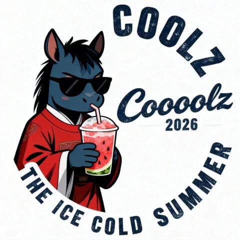 This image features a stylized, illustrative graphic design with a flat, vector-like rendering technique. The dominant color palette is a high-contrast combination of deep navy blue, vibrant red, and crisp white, with accents of pink and green from the drink. The lighting is flat and graphic, with minimal shading to define form, creating a bold, poster-like effect. Textures are minimal and stylized, with a subtle distressed or grainy overlay applied to the typography and some graphic elements to suggest a vintage or printed feel. The composition is centrally focused on the anthropomorphic horse character, framed by curved text in a circular arrangement, creating a balanced, emblem-like layout with shallow depth. The shape language is a mix of organic forms (the character's anatomy, the drink) and clean, geometric typography, with strong, defined outlines and edges. The overall mood is playful, cool, and summery, conveying a relaxed, confident energy through the character's pose and accessories.