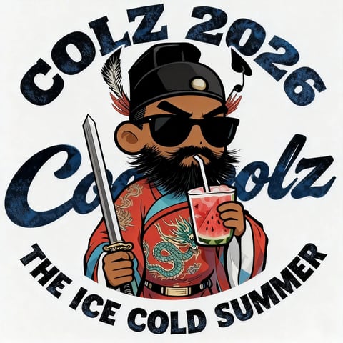 The image features a bold, illustrative graphic design with a cartoonish, stylized aesthetic. The central figure is a bearded character wearing a black hat with feathers, sunglasses, and a red robe adorned with a teal dragon, holding a sword in one hand and a glass of watermelon juice with a straw in the other. The color palette is vibrant and saturated, dominated by deep blues, reds, and teals, with high contrast between the dark text and the bright character details. The lighting is flat and graphic, with minimal shading, emphasizing clean lines and bold shapes. Text elements, including 'COLZ 2026' and 'THE ICE COLD SUMMER,' are rendered in a distressed, textured font, adding a rugged, vintage feel. The composition is centered and symmetrical, with the character framed by curved text, creating a balanced and impactful visual. The overall mood is energetic, playful, and summery, combining elements of traditional imagery with modern, casual vibes.