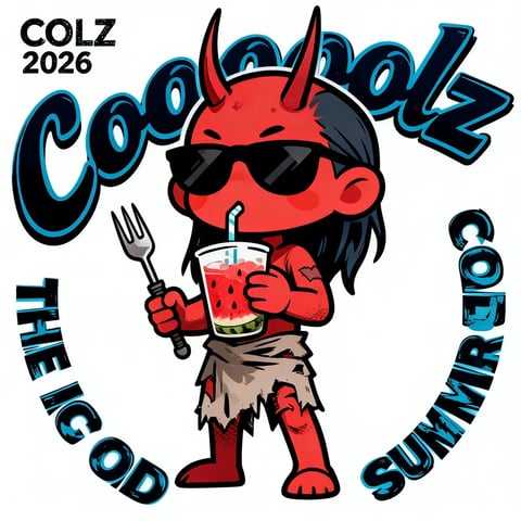 This image features a bold, illustrative art style with a flat, graphic rendering technique reminiscent of streetwear or pop art. The color language is dominated by a high-contrast palette of saturated reds, deep blacks, and vibrant cyan-blue accents, creating a dynamic and energetic visual impact. The lighting is rendered as flat, hard-edged shading with no gradients, emphasizing the graphic, sticker-like quality of the design. Textures are minimal and stylized, with clean, solid fills and sharp, defined edges, giving the surfaces a smooth, printed appearance. The composition is centered and symmetrical, with the character framed by bold, curved typography that creates a circular, badge-like arrangement. The shape language combines organic forms in the character's body with geometric, blocky lettering, using consistent, heavy black outlines and sharp edge treatments. The overall mood is playful, cool, and rebellious, conveying a high-energy, modern, and slightly edgy atmosphere through its vibrant colors and confident, graphic execution.